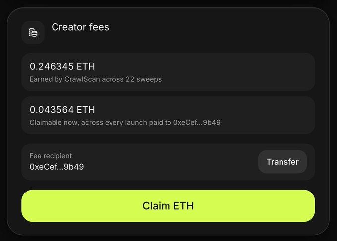 A digital wallet interface displays 'Creator fees' totaling 0.289909 ETH earned by 'CrawlScan' across 22 sweeps, with options to transfer or claim ETH.