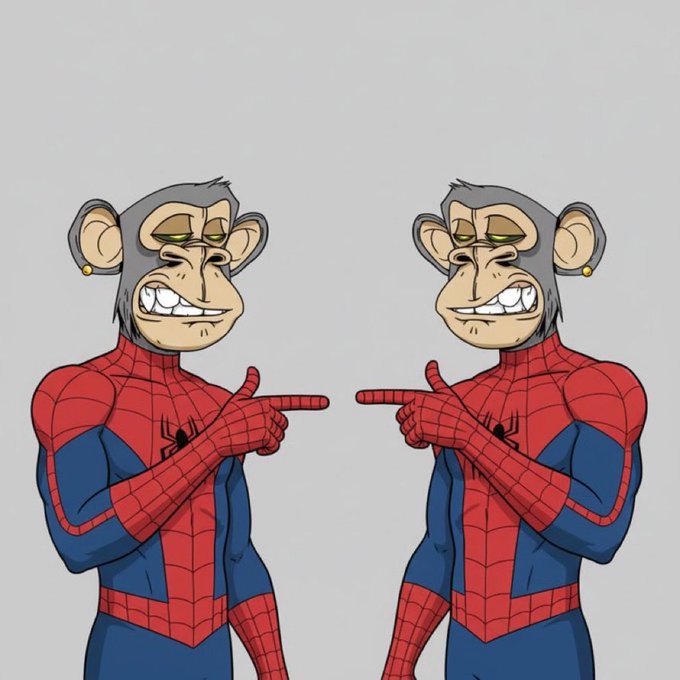 An illustration of two cartoon monkeys wearing Spider-Man costumes pointing at each other against a gray background.