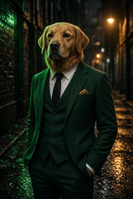 Anthropomorphic portrait of a Golden Retriever wearing a green three-piece suit and tie, standing in a dimly lit city alley.