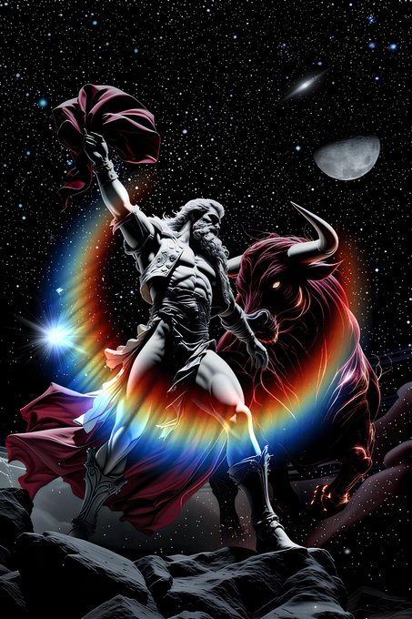 A muscular warrior with a red cape raises a weapon alongside a glowing-eyed bull against a cosmic, starry background.