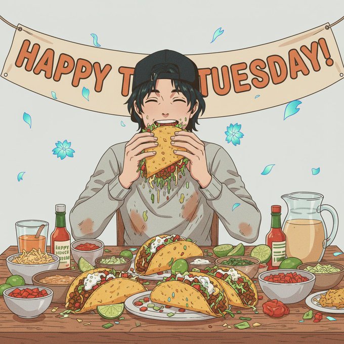 A young man wearing a cap enthusiastically devours a large taco at a table overflowing with tacos, bowls of salsa, and drinks, beneath a "HAPPY TACOSDAY!" banner. The image humorously reflects the "Taco Tuesday" spirit but carries an ironic disconnect with the accompanying caption about Fhenix's FHE-based privacy technology, as eating messy tacos in public is the opposite of keeping data confidential.