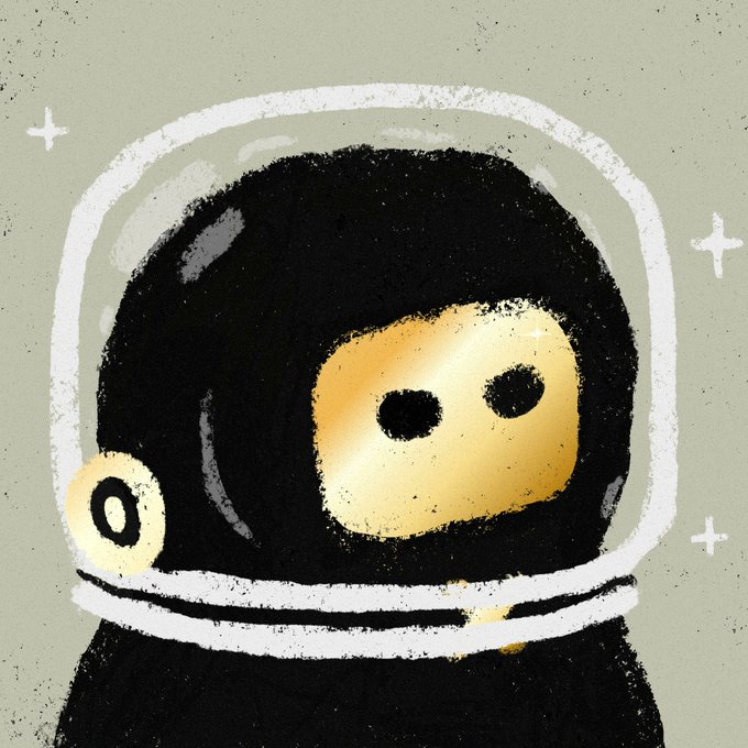 A cute illustration of a small black character wearing a transparent space helmet, set against a muted green background with white star sparkles.