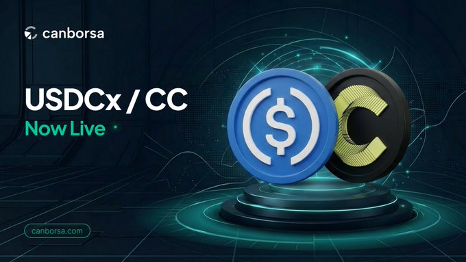 Canborsa now supports $USDCx on the Canton Network, letting users swap $CC for the USDC‑backed stablecoin and use $USDCx as collateral for leveraged perps, as highlighted by the “USDCx / CC Now Live” banner.