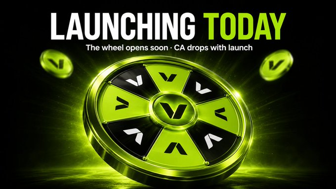 The image features a green and black wheel with the words "Vale Cash" written on it, along with the phrase "Launching Today". There are three coins flying around the wheel, adding a dynamic element to the scene. The text "The wheel opens soon. CA drops with launch." is also present in the image.