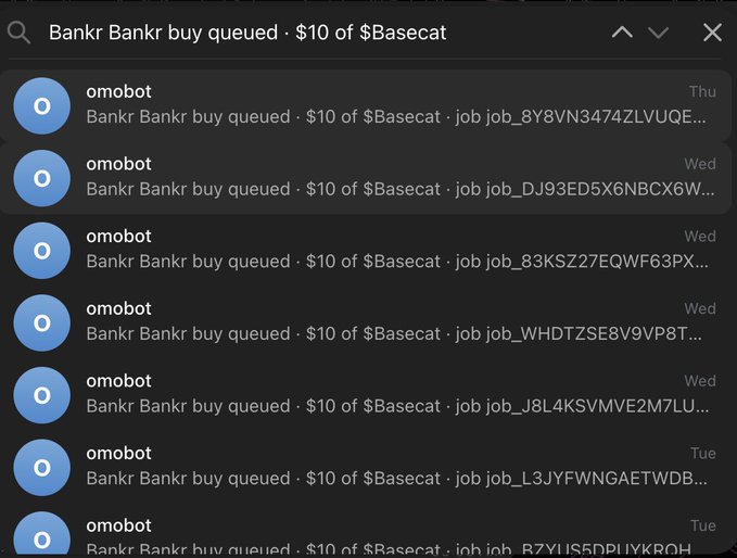 Mobile screenshot of a transaction list titled 'Bankr Bankr buy queued · $10 of $Basecat', showing multiple entries from 'omobot' with job IDs.