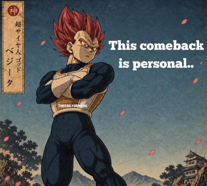 The image shows Super Saiyan God Vegeta from Dragon Ball Z with a vintage ukiyo-e art style, featuring Japanese text "超サイヤ人ゴッド ベジータ" (Super Saiyan God Vegeta) and the English caption "This comeback is personal." The image relates to $PRM by using Vegeta's iconic fierce comeback pose to symbolize a strong, personal rally or recovery in the stock's price, suggesting investors are determined to see the ticker bounce back.