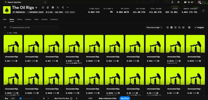 An OpenSea NFT marketplace page displays a collection called 'The Oil Rigs' by newcomer oufweebee, showing multiple identical NFT listings for 'Unrevealed Rigs' priced in ETH.