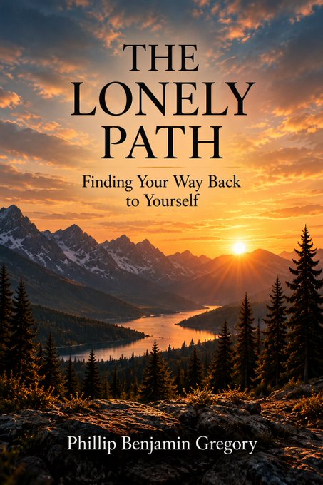 A book cover titled 'THE LONELY PATH: Finding Your Way Back to Yourself' by Phillip Benjamin Gregory, featuring a mountain sunset landscape.