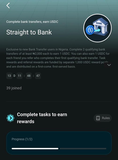 A Bitget Wallet "Straight to Bank" promotion screen displaying a 13-day, 11-hour countdown timer, with 39 users having joined and task progress shown at 1/2 complete toward earning 1 USDC for two qualifying bank transfers of at least ₦2,000 each.