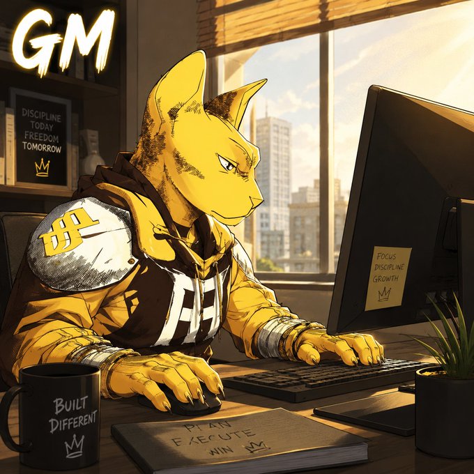 An illustrated yellow feline character wearing a hoodie with 'DISCIPLINE TODAY, FREEDOM TOMORROW' on a letterboard, working at a computer with a 'GM' sign and a 'BUILT DIFFERENT' coffee mug nearby.