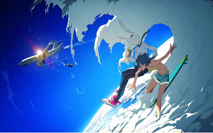 An anime-style illustration depicting a girl with a white bunny surfing a massive ocean wave beneath a fighter jet with a deployed parachute, while another girl surfs a green board nearby.