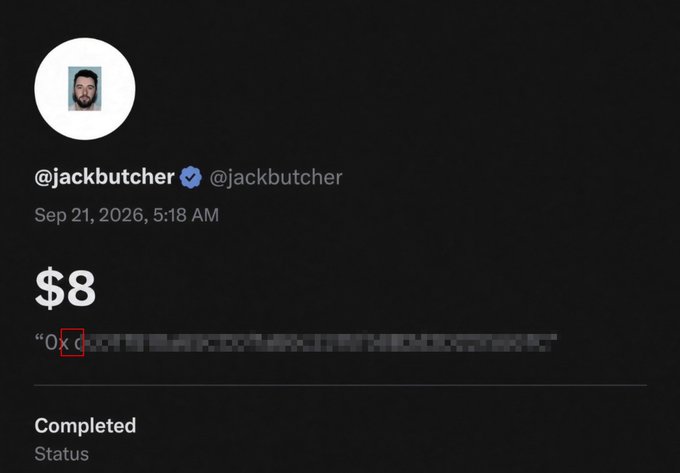 A screenshot of a tweet from @jackbutcher displaying the text '$8' with a red box highlighting '0xc' at the beginning of a cryptocurrency wallet address, marked as 'Completed' status.