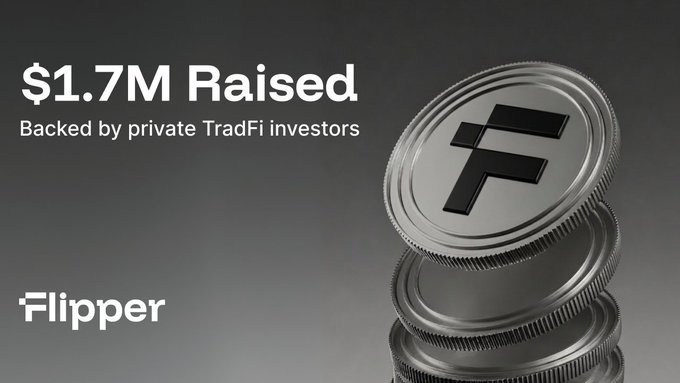 A stack of silver coins featuring the "F" logo sits beside text reading "$1.7M Raised, Backed by private TradFi investors" and the "Flipper" branding, visually reinforcing the announcement of Flipper's successful fundraising and the launch of its testnet rewards program.