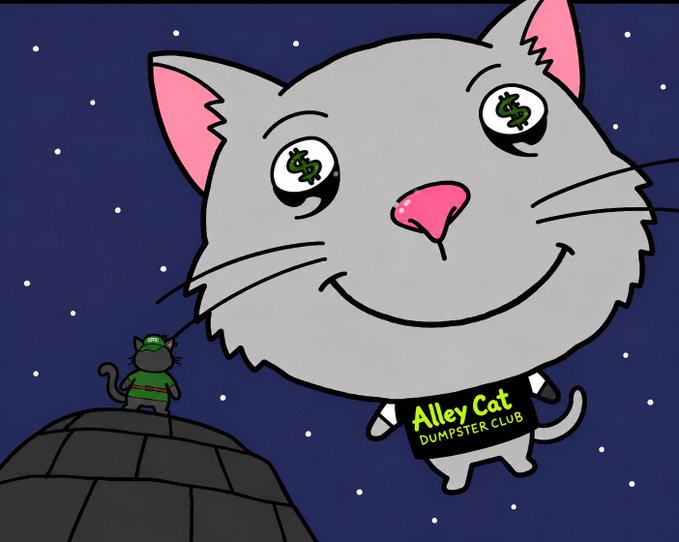 A cartoon illustration of a gray cat with a 'AlleyCat DUMPSTER CLUB' tag, with green dollar signs in its eyes, watching a mouse on a rooftop under a starry night sky.