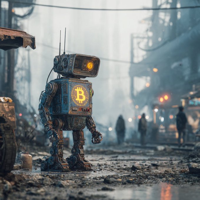 A weathered, steampunk-style robot with antennas and a glowing yellow eye standing in a foggy, post-apocalyptic urban street, featuring a Bitcoin 'B' logo on its chest.