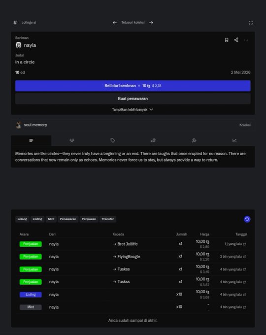 A screenshot of a crypto/NFT collection page for "college ai" displaying transaction history showing sales of an item called "In a circle" from user nayla.