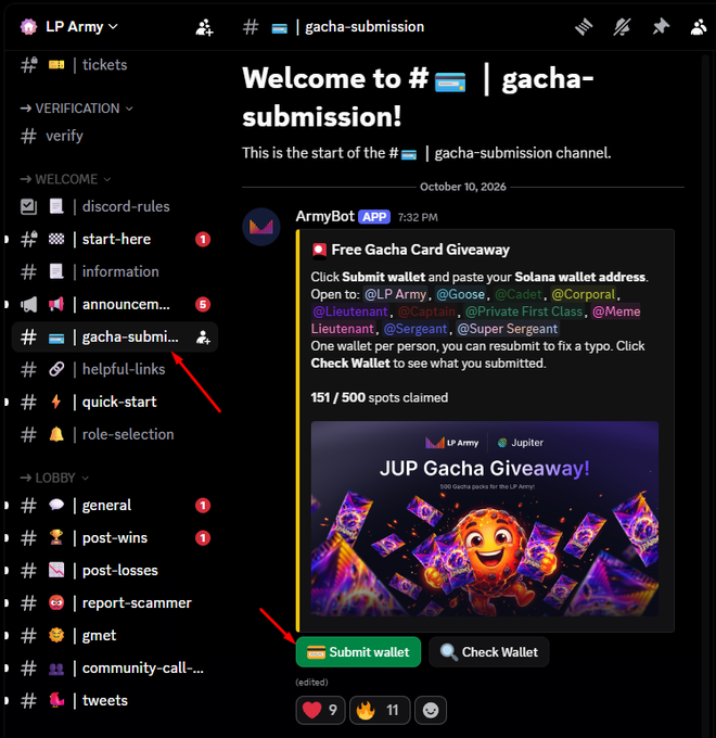 A Discord server screenshot for 'LP Army' showing a 'Free Gacha Card Giveaway' message in the '#gacha-submission' channel, with red arrows highlighting the channel and 'Submit wallet' button.