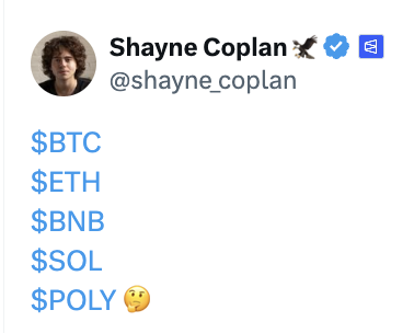 A tweet from Shayne Coplan (@shayne_coplan) listing cryptocurrency tickers: $BTC, $ETH, $BNB, $SOL, and $POLY with a kissing emoji.