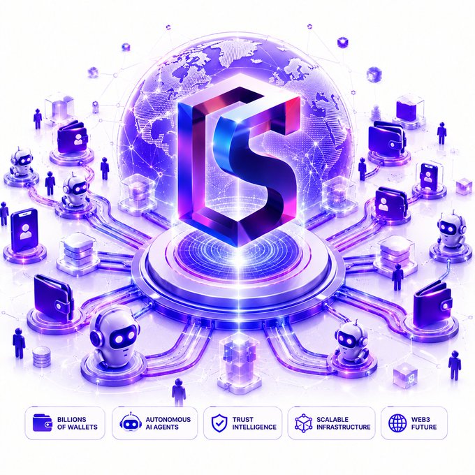 A futuristic purple and blue graphic displays a 3D logo with 'SOLANA' at the top and features like 'BILLIONS OF WALLETS', 'AUTONOMOUS AI AGENTS', and 'WEB3 FUTURE' at the bottom.