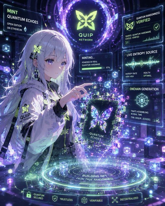 The image features a girl with long white hair wearing a white jacket, pointing at something in front of her. The background consists of various elements such as a butterfly, a computer screen displaying a logo for Quip network, and other objects like a book and a backpack. The text on the post suggests that the art is related to the Quip network's infrastructure or the concept of verifying digital assets using blockchain technology. This implies that the girl in the image might be an artist who has created this piece as part of their work or a fan of the Quip network, focusing on the idea of verifying digital assets and the use of real hardware for generating randomness.