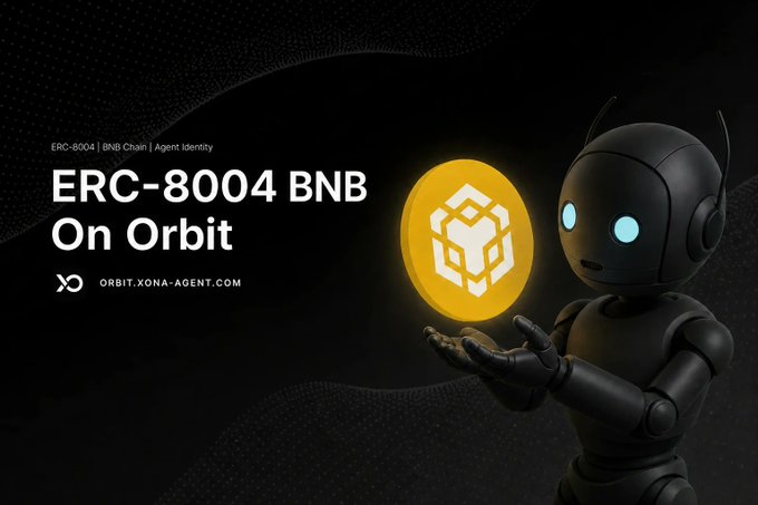 The image features a robot figure holding a yellow cube against a black background. The text "Every Orbit agent now gets its own ERC-8004 identity on @BNBCHAIN" is displayed below the robot, indicating that every Agentic Commerce agent will have their own unique identifier in the form of an ERC-8004 block. This allows for seamless interaction and discovery across different ecosystems while maintaining trust between agents.