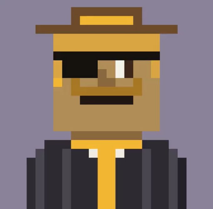 A pixel art character with orange skin, a brown hat, an eye patch, and a beard wears a dark pinstripe suit with a yellow tie against a gray background.