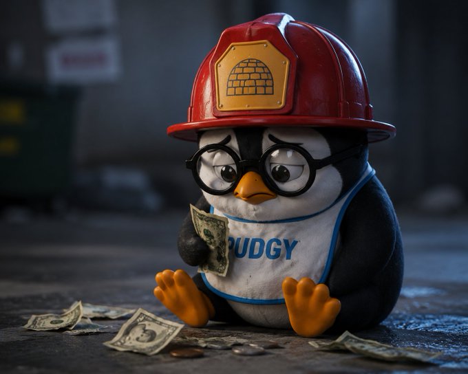 A sad penguin mascot wearing a red firefighter helmet and a 'PUDGY' shirt sits on the ground holding a dollar bill, with scattered money and coins around it.