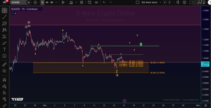 A 1-hour SUI/USD chart on Coinbase showing price action near the $1.00 level, with a highlighted micro support zone between $0.978 and $1.01 (38.22% and 50.00% Fibonacci retracements), visually supporting the post's analysis that SUI is holding support but has yet to make a higher high.