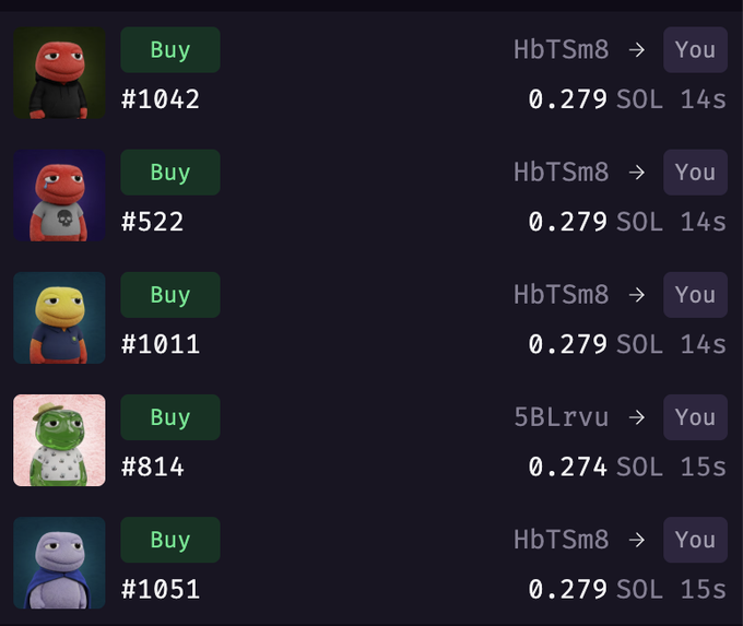 The image shows a list of five NFT purchases from the toad_squad collection on Solana, with items #1042, #522, #1011, #814, and #1051 bought at prices ranging from 0.274-0.279 SOL each (approximately 14-15 seconds apart), primarily from seller "HbTSm8," supporting the user's claim of sweeping multiple toadlets NFTs as alpha shared in their channel.