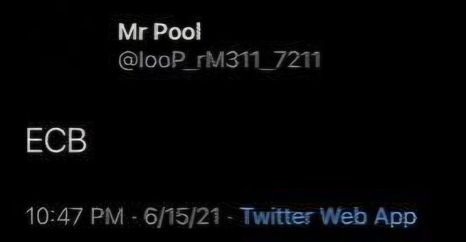 A tweet from user "Mr Pool" (@looP_rM311_7211) simply stating "ECB" (European Central Bank), posted at 10:47 PM on 6/15/21 via Twitter Web App, tagged with #XRP. The minimalist post appears to suggest a connection between the European Central Bank and XRP cryptocurrency.