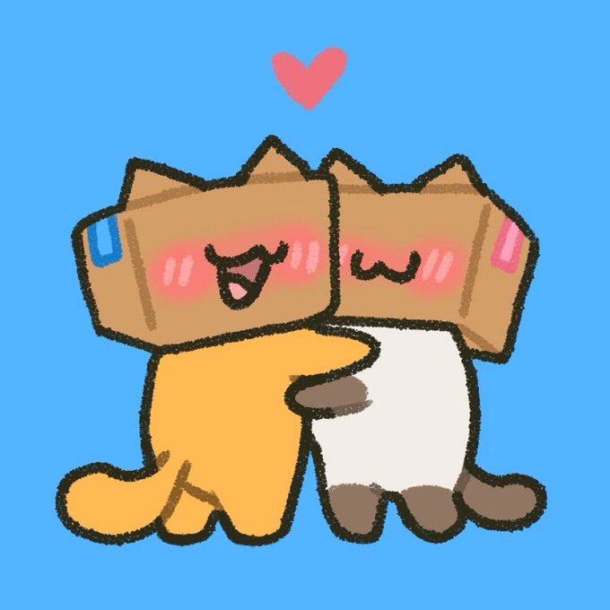 A cute illustration of two cartoon cats wearing cardboard boxes on their heads hugging each other with a red heart floating above them against a bright blue background.
