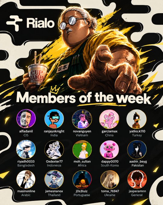 Promotional poster from Rialo titled "Members of the week" featuring an illustrated character holding ramen, with 15 member avatars listed below from various countries including CIS, India, Vietnam, and China.