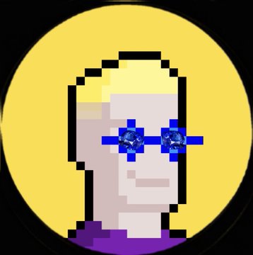 A pixel-art style circular portrait featuring a blonde character wearing blue pixelated sunglasses on a bright yellow background with a black border.