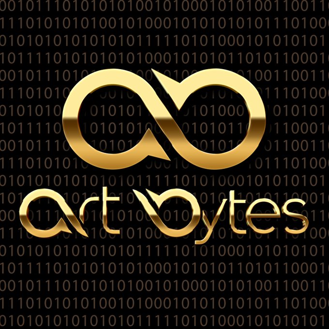 A logo design for 'artbytes' featuring a golden infinity symbol above the brand name, set against a dark background covered in binary code (0s and 1s).