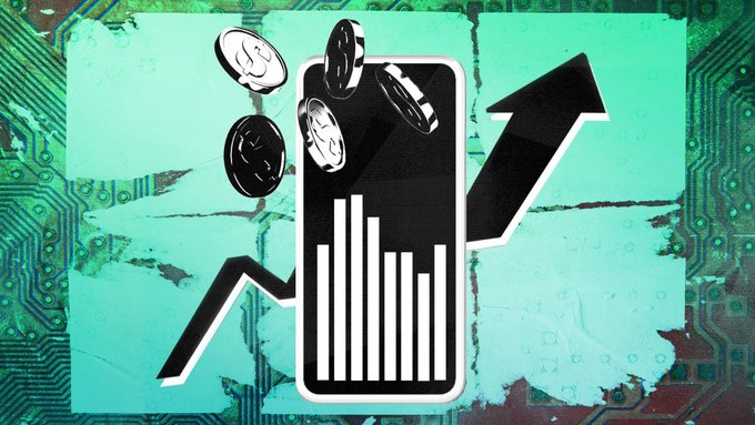 A stylized illustration featuring a smartphone with a bar chart, coins floating out, and an upward arrow, set against a teal circuit board background, symbolizing financial growth or fintech.