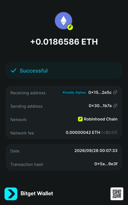 A screenshot of a Bitget Wallet transaction showing a successful transfer of +0.0186586 ETH via the Robinhood Chain network.