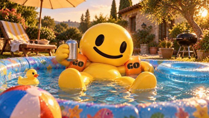 A giant inflatable smiley face pool float wearing orange armbands labeled "GO" relaxes in a backyard pool holding a beverage, surrounded by a beach ball, rubber ducky, and grill. The "GO" armbands visually reinforce the bullish sentiment in the caption, where the poster is eagerly accumulating more $GO tokens at current prices, anticipating the same accumulation-to-launch pattern seen in past multi-hundred-million-dollar launches.