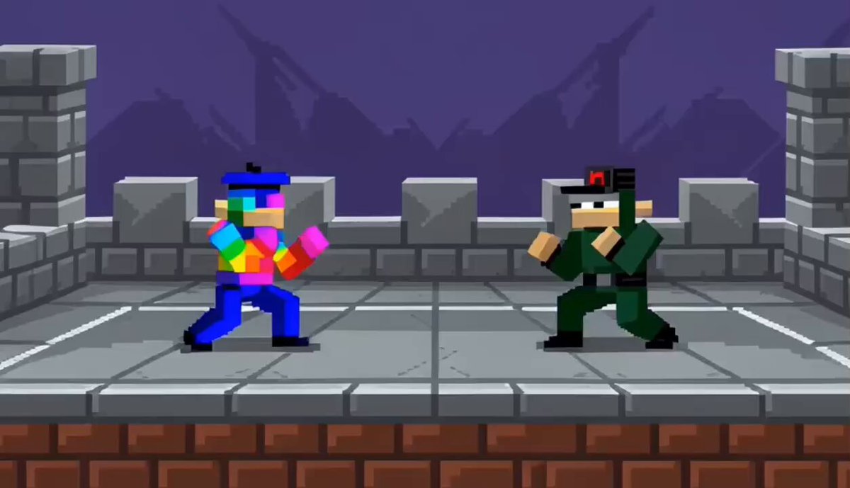 The image features two characters, one wearing a pink shirt and blue pants, and the other dressed in green with a black hat. They are engaged in an intense fight or duel, with both of them holding weapons such as swords. The scene takes place on a platform surrounded by stone walls, giving it a medieval feel. In the background, there is a castle-like structure that adds to the overall atmosphere of the image.