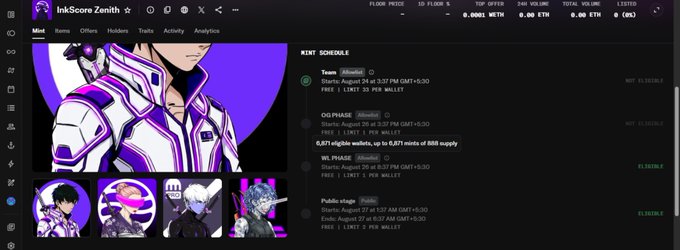 A cryptocurrency token page for 'InkScore Zenith' shows a floor price of $0.00082 METH and outlines a mint schedule with various phases like 'Public,' 'WL PHASE,' and 'Team.'