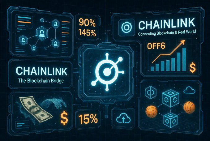 The image shows a graphic representation of the concept behind "chainlink", which is the Golden Bridge between blockchain technology and the real world. It features various elements such as text, illustrations, and icons showing the evolution of blockchain technology over time with different symbols representing different aspects like Blockchain, CCIP (cross-chain interoperability protocol), money, people, and basketballs to represent cryptocurrency, smart contracts, financial networks, and sports. The image is designed in a blue, black, and orange color scheme.