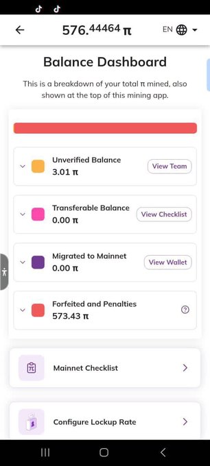 A mobile app screenshot showing a Pi Network Balance Dashboard with a total of 576.44464 π, broken down into Unverified Balance (3.01 π), Transferable Balance (0.00 π), Migrated to Mainnet (0.00 π), and Forfeited and Penalties (573.43 π). The image relates to the post by illustrating a user's mining history, where the large forfeited amount reinforces the message that abandoning Pi results in penalties, while returning users still retain a small unverified balance.