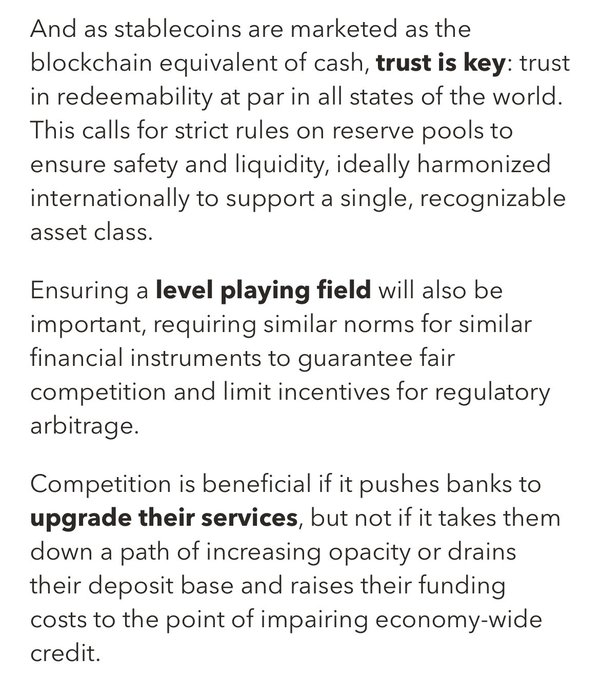 A text excerpt emphasizing that trust is key for stablecoins, calling for strict and internationally harmonized rules on reserve pools to ensure safety and liquidity.