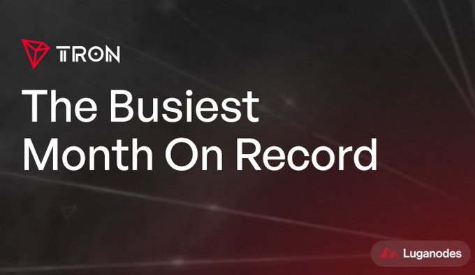 A promotional graphic for TRON cryptocurrency stating 'The Busiest Month On Record' with a Luganodes logo in the corner.