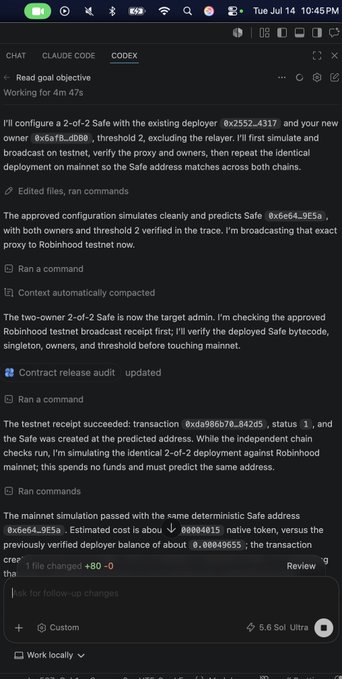 Screenshot of a Claude Code interface (Codex agent) showing a chat where a 2-of-2 Safe configuration was deployed on Robinhood testnet, verifying deterministic Safe address 0x6664…9E5a across chains before mainnet deployment.