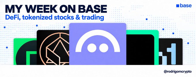 A banner reading 'MY WEEK ON BASE - DeFi, tokenized stocks & trading' with the Base logo and various crypto platform icons, credited to @rodrigomcrypto.
