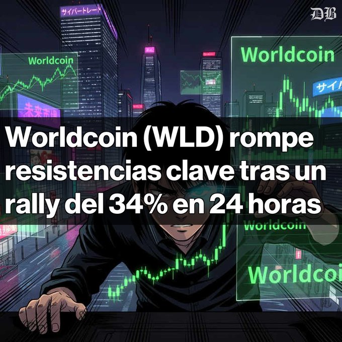The image depicts a man with black hair wearing glasses, standing in front of computer monitors that display stock prices for various companies, including those related to Worldcoin (WLD). The scene is set against a cityscape backdrop at night. A caption next to the man indicates that he has been trading stocks for 24 hours and has seen an increment of 3.3% during this period. Another image on screen shows the price of Bitcoin increasing by 123,74%. The stock prices for various companies are shown in different colors, representing their respective gains or losses.