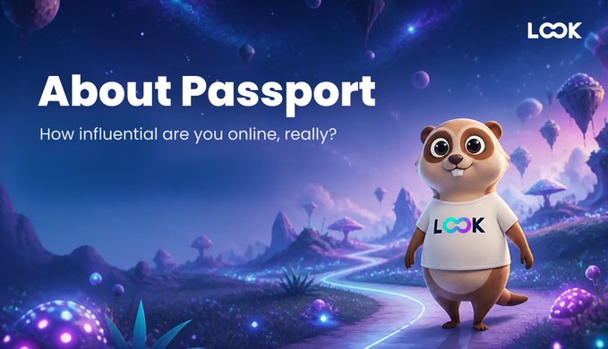 A promotional graphic for the LOOK project titled 'About Passport,' asking 'How influential are you online, really?' and featuring a cartoon beaver mascot wearing a LOOK t-shirt against a fantasy landscape.