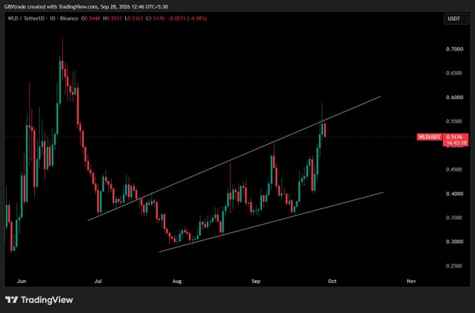 A TradingView daily candlestick chart of WLD/USDT on Binance, showing price action between June and October 2025 with an upward ascending channel pattern drawn on the price.