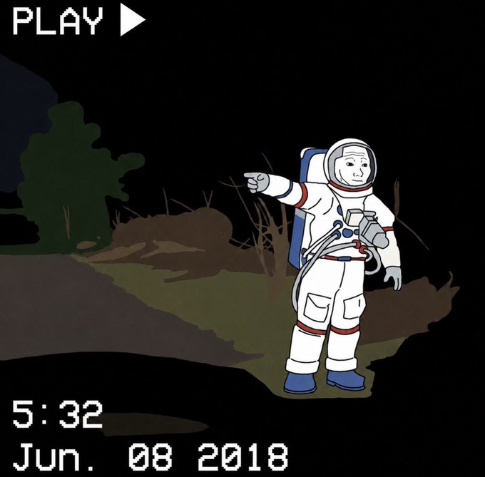 The image features a cartoon depiction of an astronaut standing in front of a forest, pointing towards something out of frame. The caption below the image reads "Day 86 of posting $WOJAK / @wojakcto art until 69b MC The OG community migrated over to a new contract and merged 2 communities as one for total PvE instead of PvP".