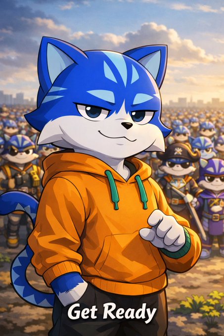 An anime-style illustration of a blue cat-like character in an orange hoodie with the text 'Get Ready' at the bottom, standing in front of an army of similar characters.
